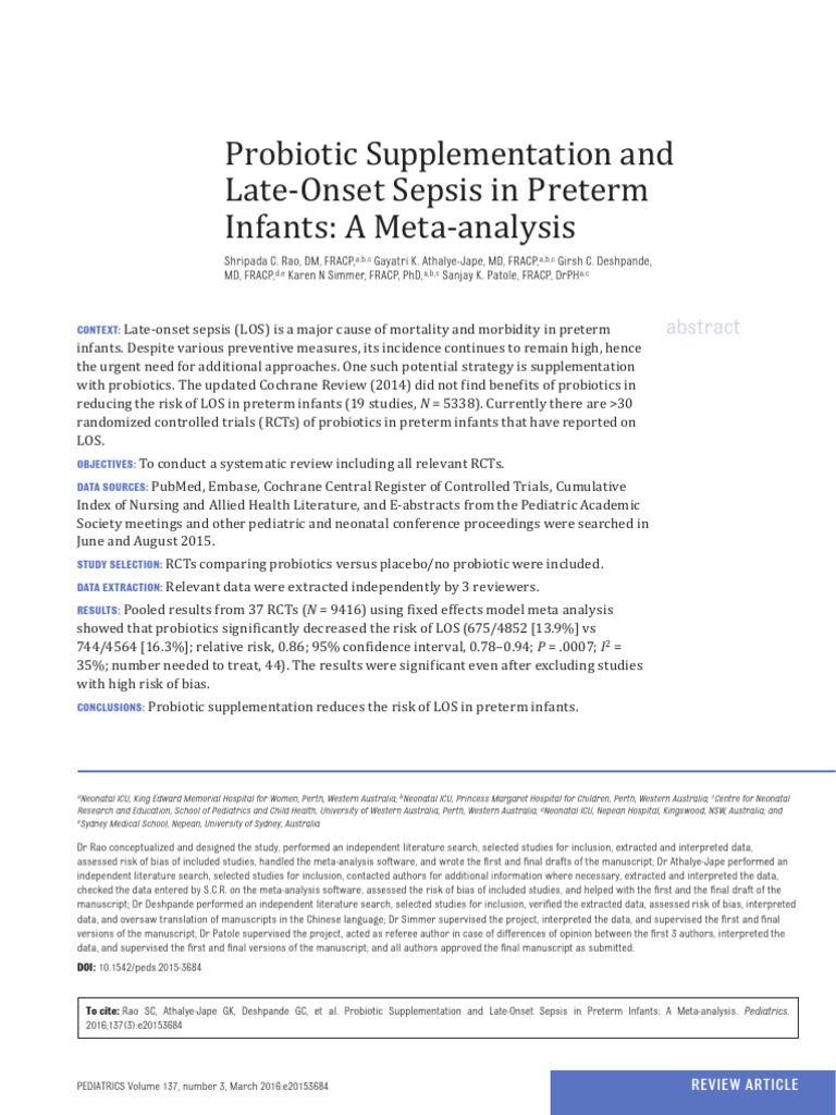 Rao. 2016. Probiotic and Late Onset Sepsis | PDF | Preterm Birth ...