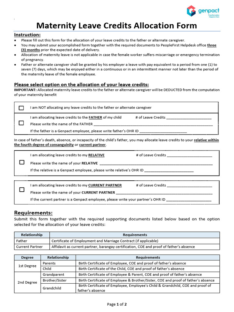 Maternity Leave Credits Allocation Form | PDF | Family | Birth Certificate
