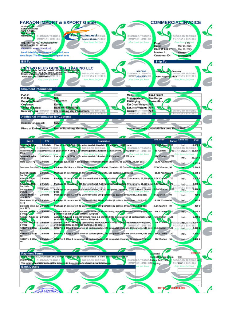 Faraon Export Invoice for Dubai Shipment | PDF | Cargo | Dubai