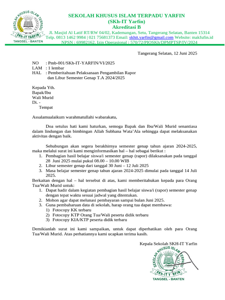 Pengambilan Rapor dan Libur Semester 2025 | PDF