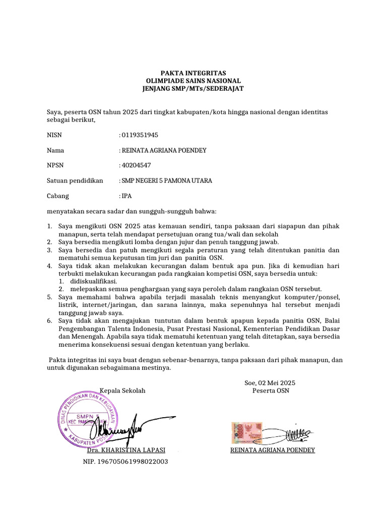 Pakta Integritas Reinata Agriana Poendey | PDF
