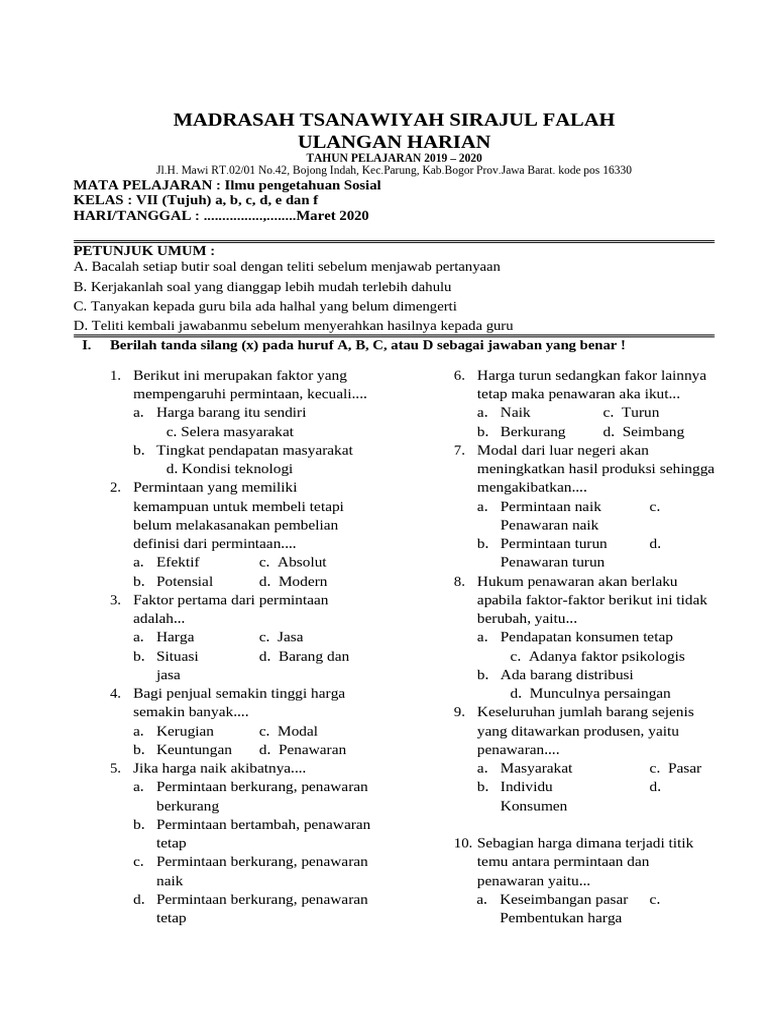 Ulangan Harian IPS Kelas VII MTs Sirajul Falah | PDF