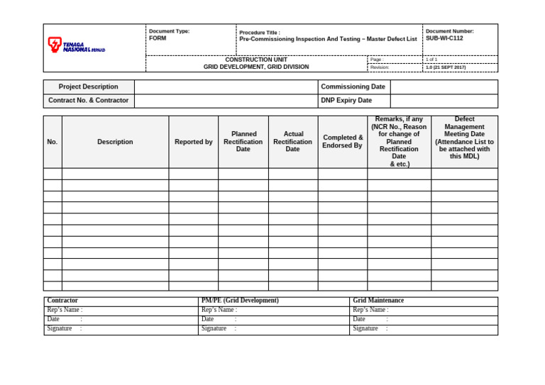 Pre-Commissioning Defect Inspection Form | PDF