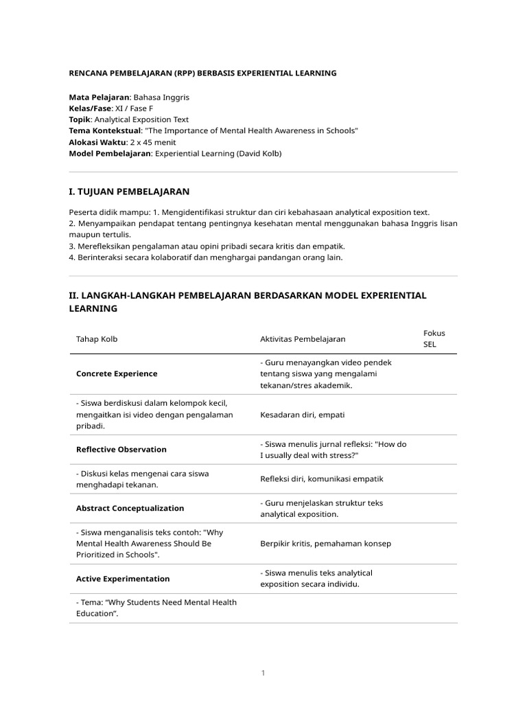 RPP Experiential English Xi | PDF
