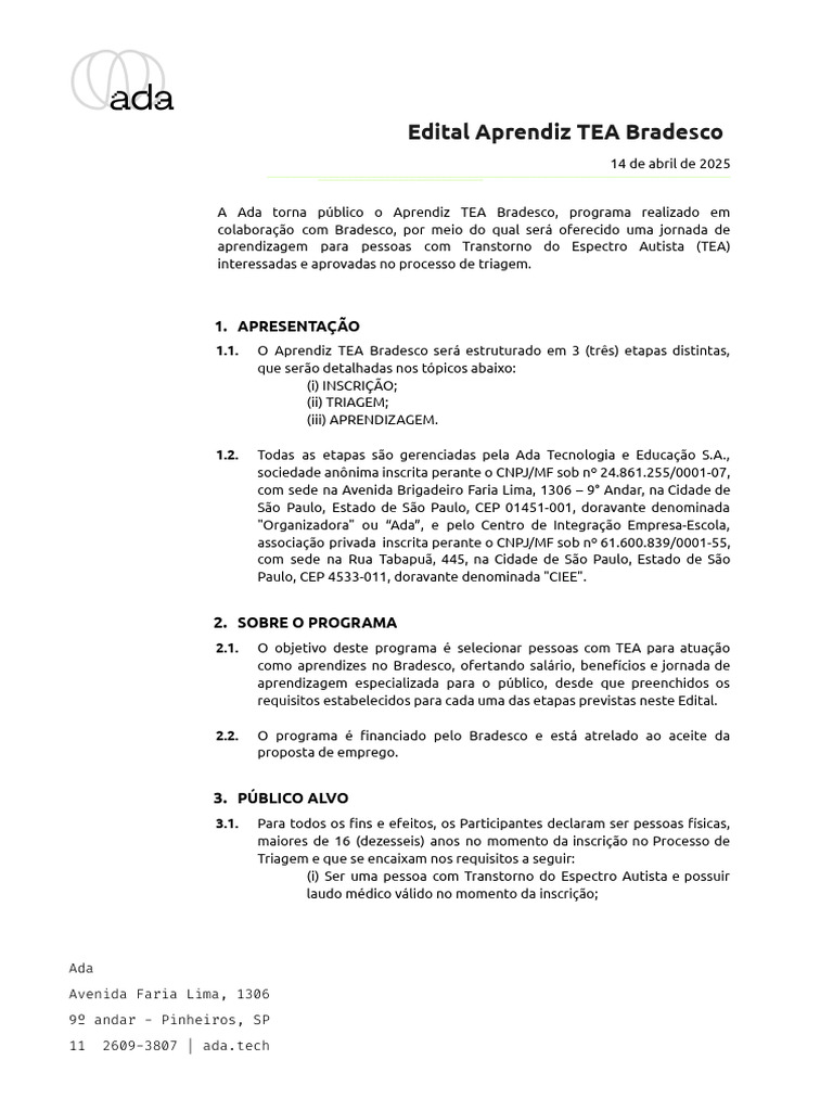 Aprendiz TEA Bradesco: Inscrições Abertas | PDF | Aprendizado | Informação