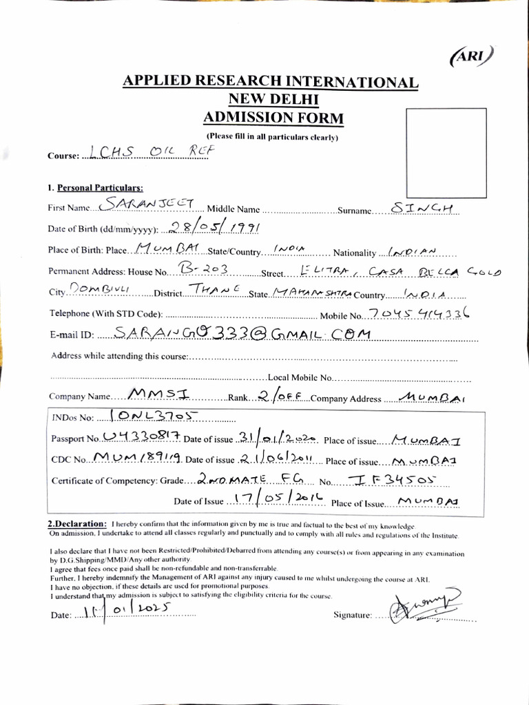 ARI Admission Form for LCHS Course | PDF
