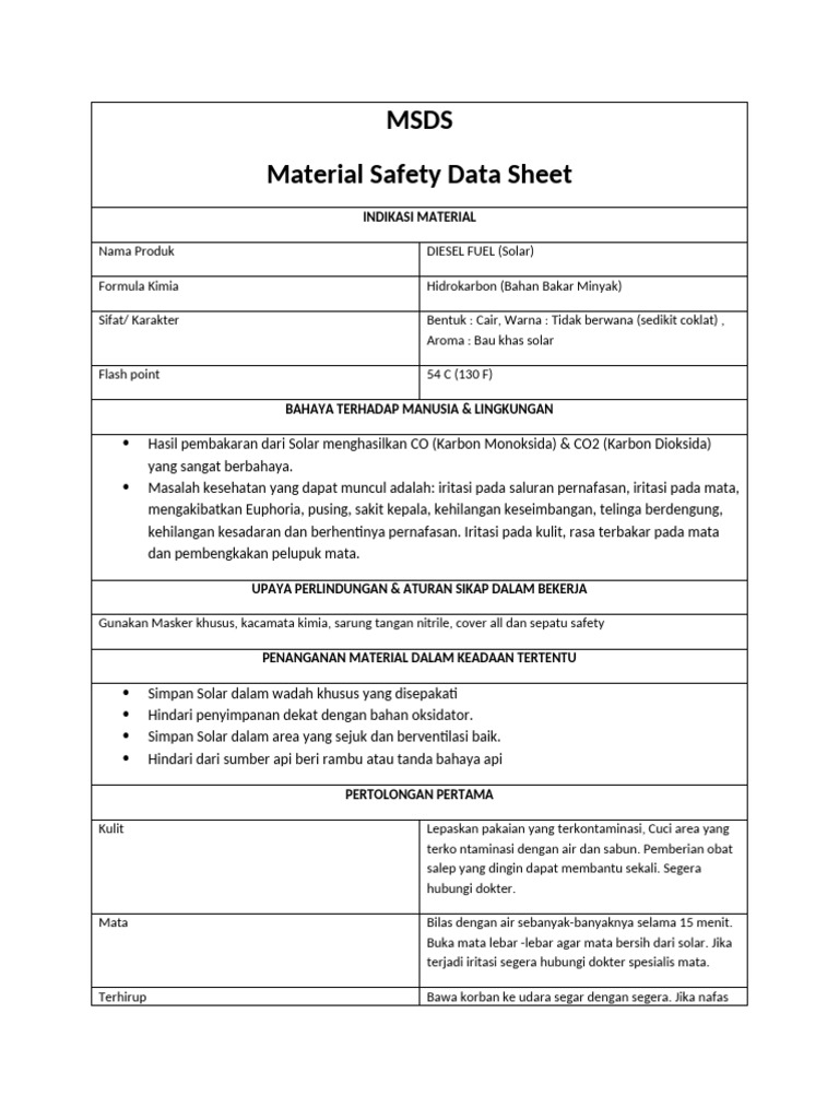 MSDS Bahan Bakar Solar dan Keamanannya | PDF