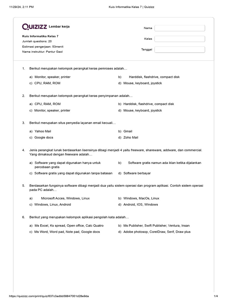 Kuis Informatika Kelas 7 Semester 1 | PDF