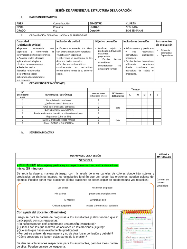 Estructura de la Oración en Primaria | PDF | Predicado (Gramática ...