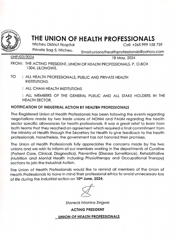 Union of Health Professionals Industrial Action Notification (1) - 1 | PDF