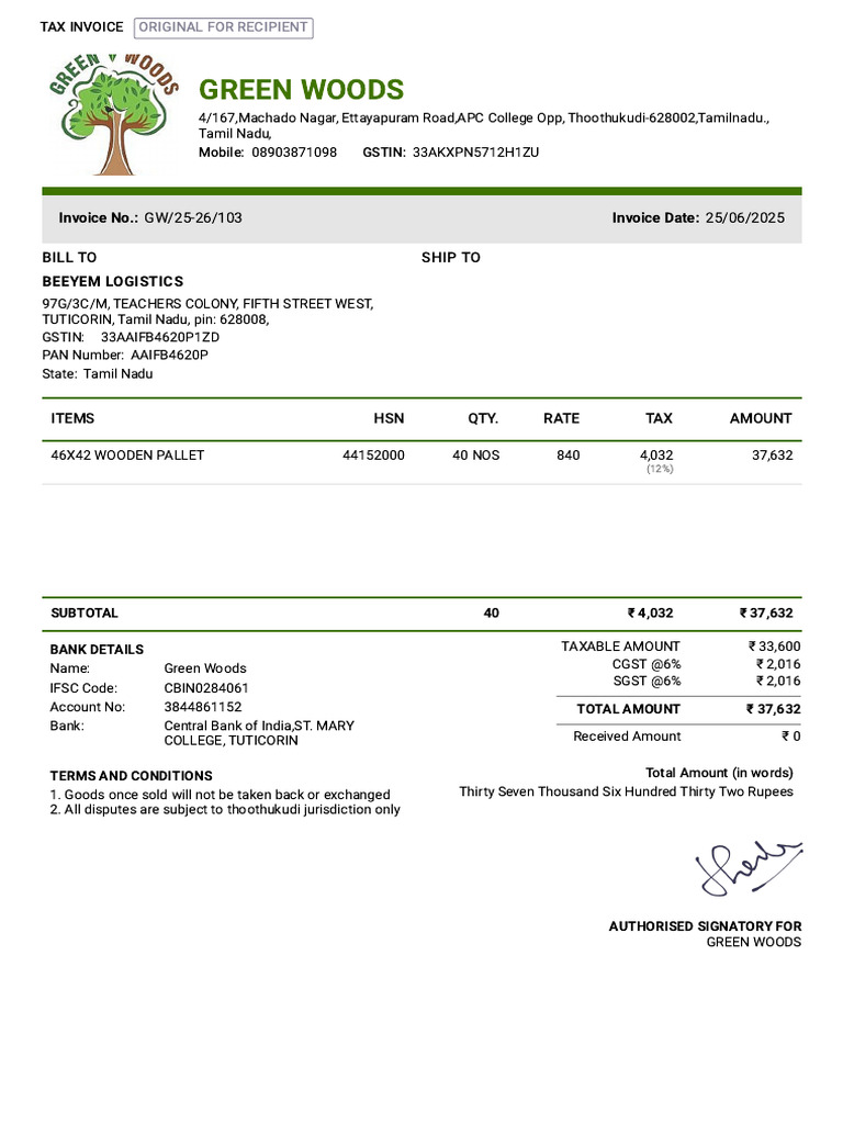 Green Woods: Invoice No.: GW/25-26/103 Invoice Date: 25/06/2025 | PDF