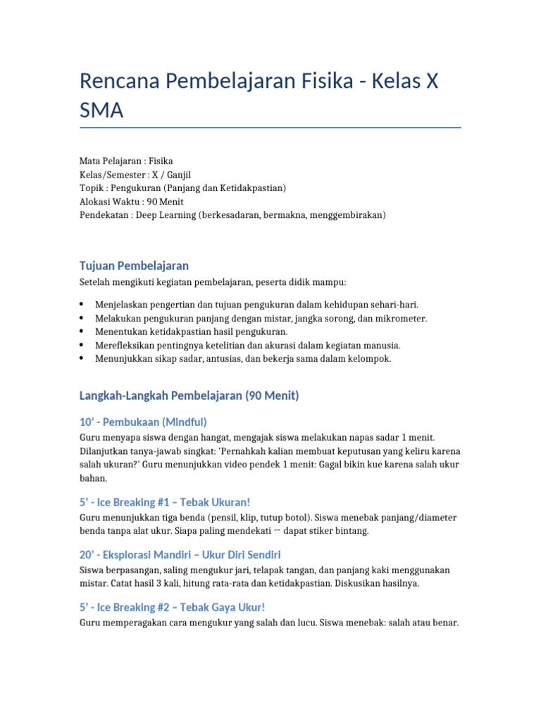 RPP Fisika Kelas X: Pengukuran Deep Learning | PDF