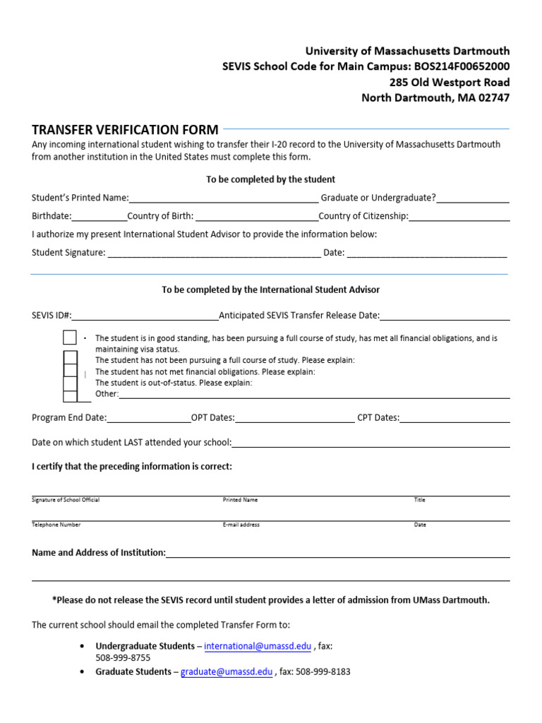 UMass Dartmouth Transfer Verification Form | PDF