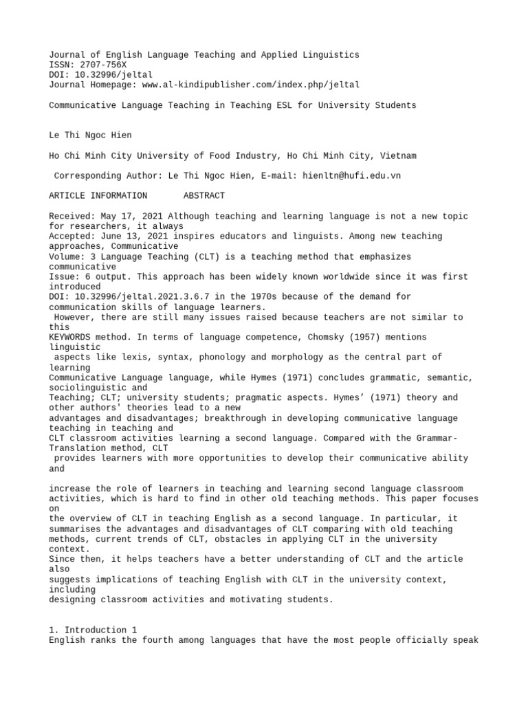 CLT in ESL Teaching for University Students | PDF | Second Language ...