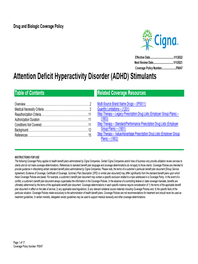 P 0047 Coveragepositioncriteria ADHD | PDF | Stimulant | Attention ...