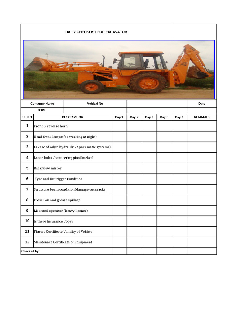 Daily Excavator Operator Checklist | PDF