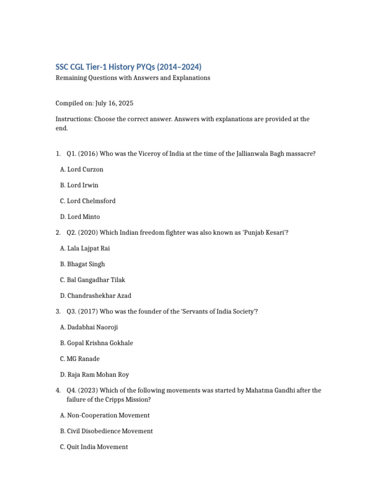 SSC CGL History PYQs Remaining Full | PDF