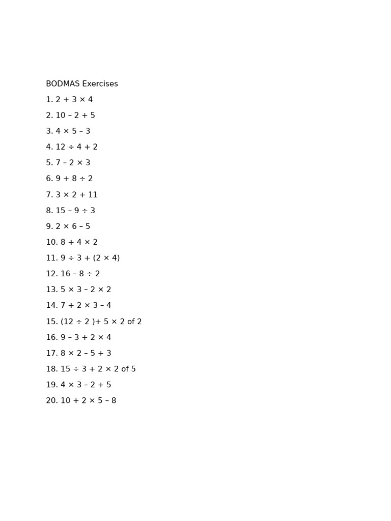BODMAS Math Exercises for Practice | PDF