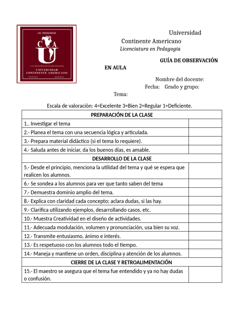 Guía de Observación en Aula Pedagógica | PDF | Maestros | Creatividad