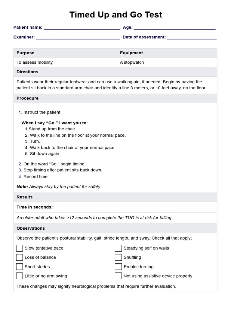 Timed Up and Go Test Instructions | PDF