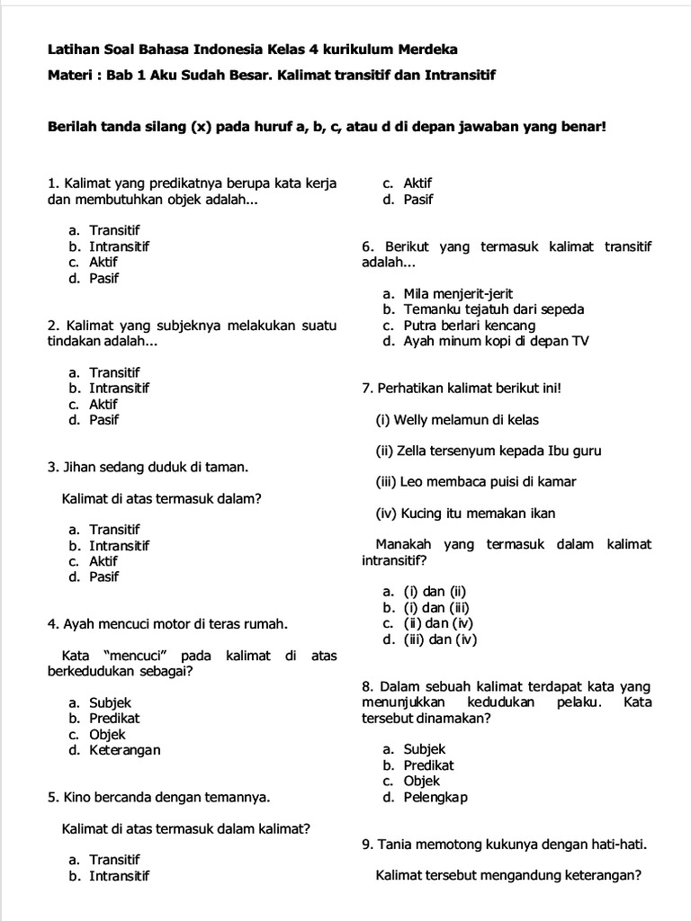 Soal Bahasa Indonesia Kelas 4 Kurikulum Merdeka | PDF
