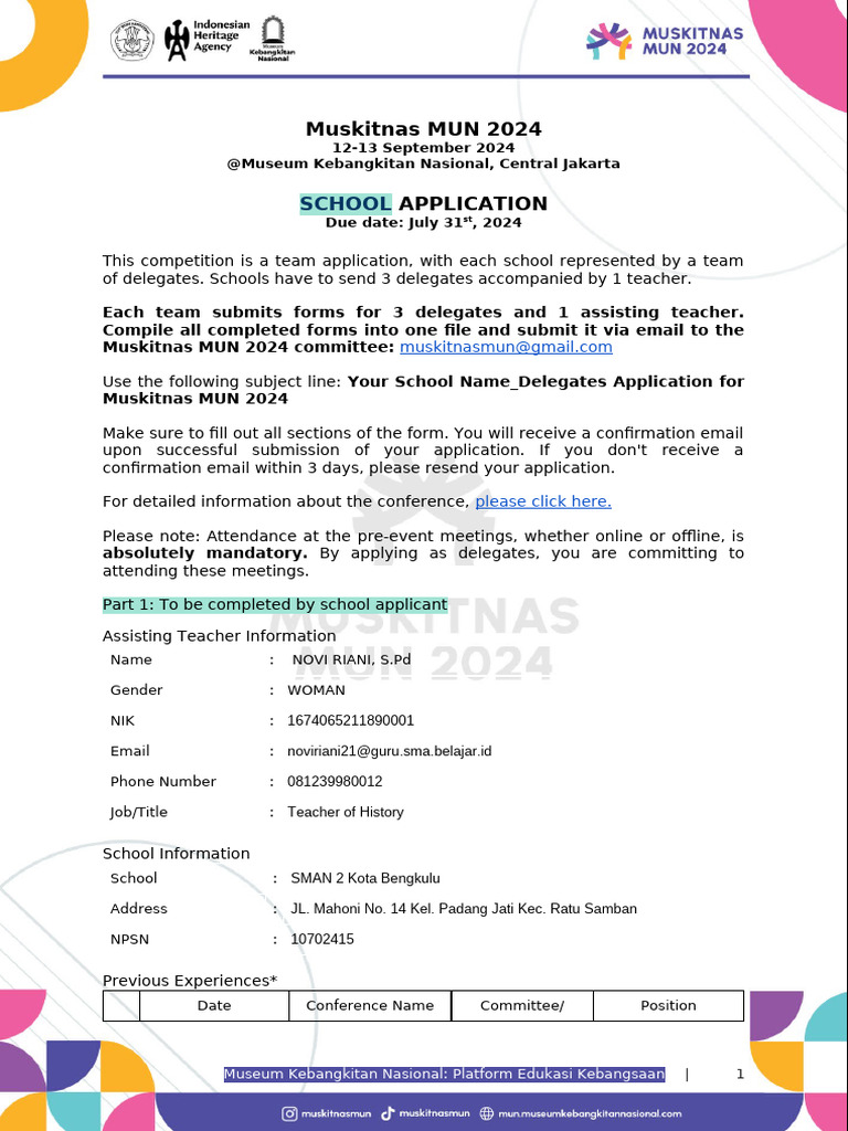 1) School Application - Muskitnas MUN 2024 | PDF