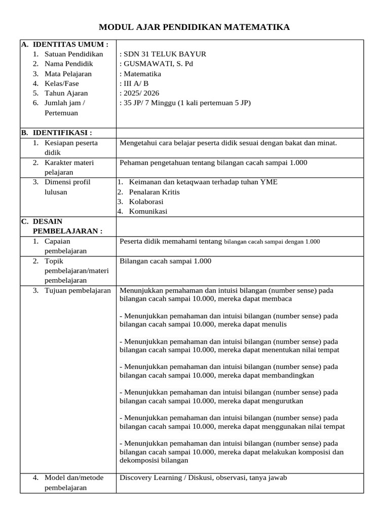 Modul Ajar Matematika Kelas III SD | PDF