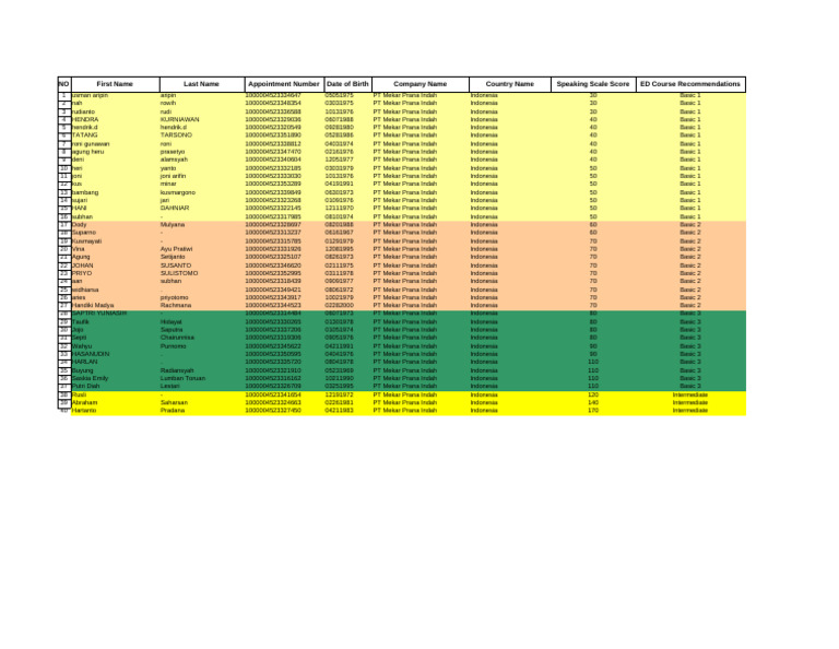 Hasil Test Toeic PT MPI - Per Level | PDF