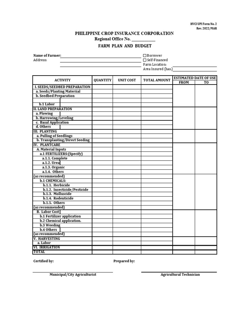 PCIC Farm Plan and Budget Form | PDF