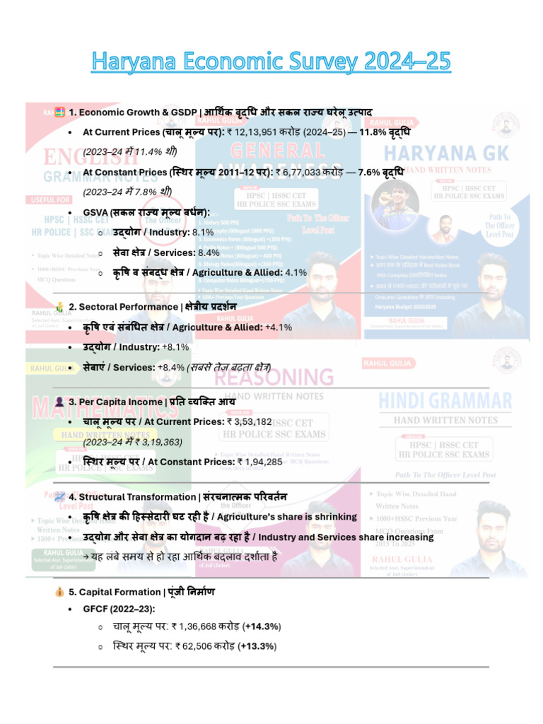 Haryana Economic Survey 2024-2025 by Rahul Sir With 30 MCQ | PDF