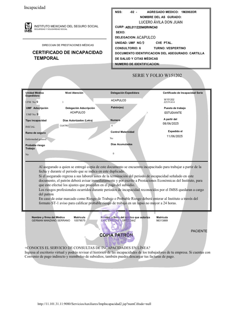 Certificado de Incapacidad Temporal IMSS | PDF