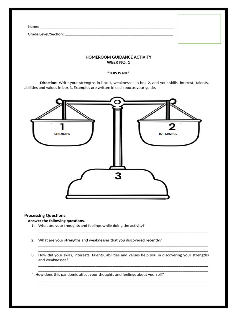 Homeroom Guidance Activity: Self-Reflection | PDF