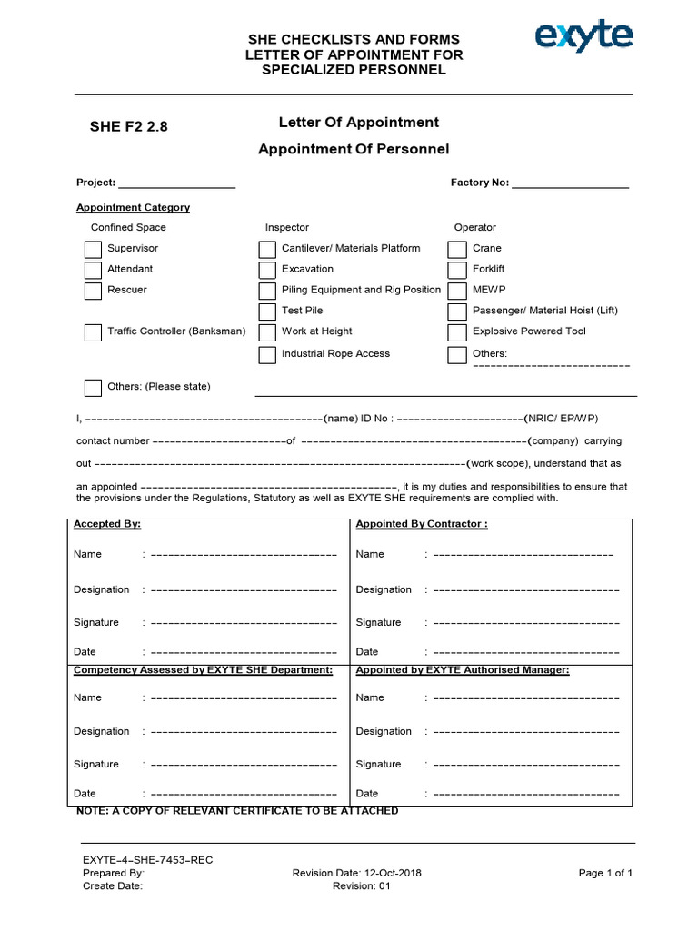 Exyte 4 SHE 7453 REC Rev 0 LOA For Specialized Personnel | PDF