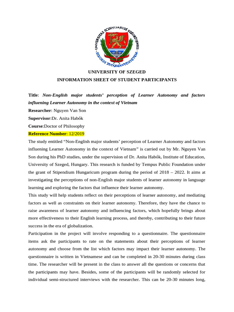 Information Sheet of Student Participants | PDF | Autonomy | Questionnaire