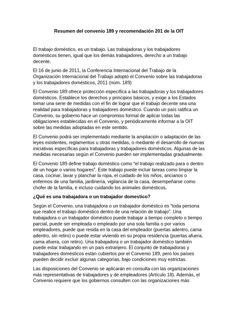 Resumen del Convenio 189 de la OIT | PDF | Trabajadora doméstica ...