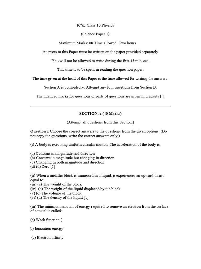 ICSE Class 10 Physics Exam Paper | PDF | Force | Physical Phenomena