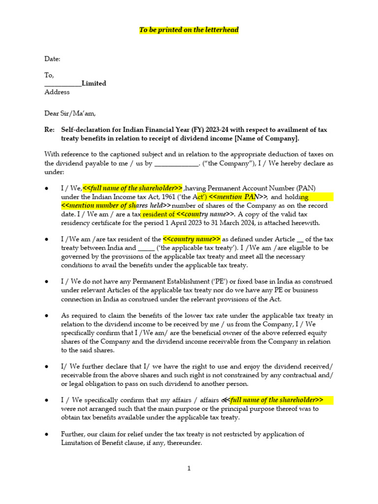 309 Self-Declaration | PDF | Tax Treaty | Taxes
