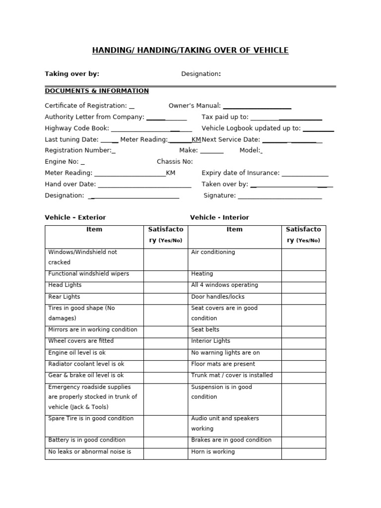 Vehicle Handover/Takeover Document | PDF | Vehicles | Trunk (Car)