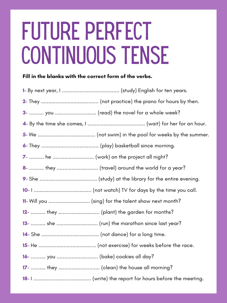 Future Perfect Continuous Tense Worksheet in Purple White Basic Style | PDF