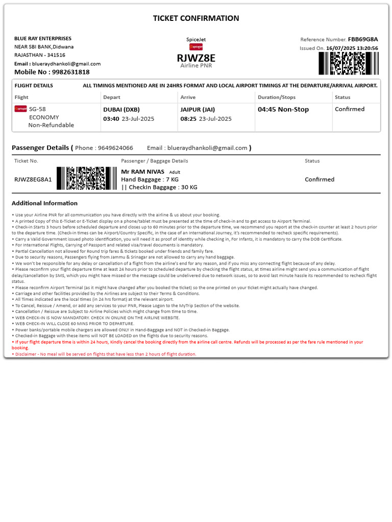 SpiceJet Flight Ticket Confirmation | PDF | Aviation