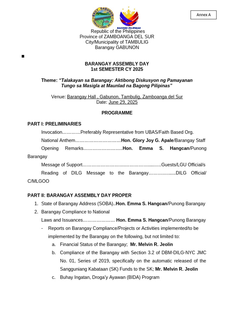 Barangay Assembly Day Program 2025 | PDF