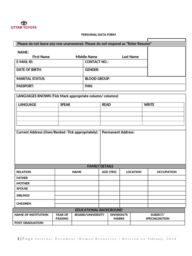Personal Data Form for Job Application | PDF