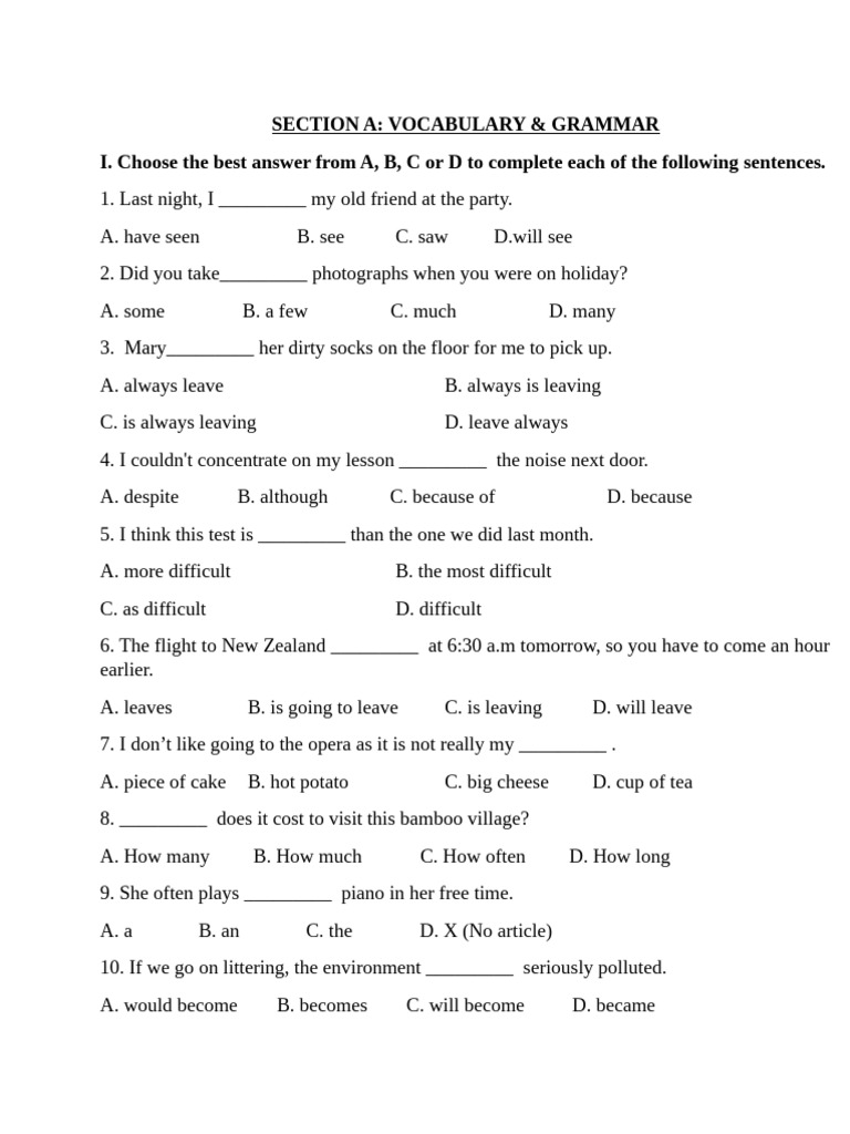 Vocabulary and Grammar Test Guide | PDF | Communication
