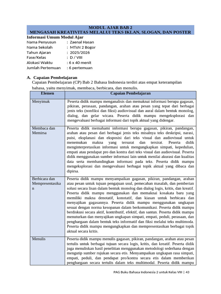 7.2 Modul Ajar Bab 2 - Bahasa Indonesia SMP Kelas VIII | PDF | Karier ...