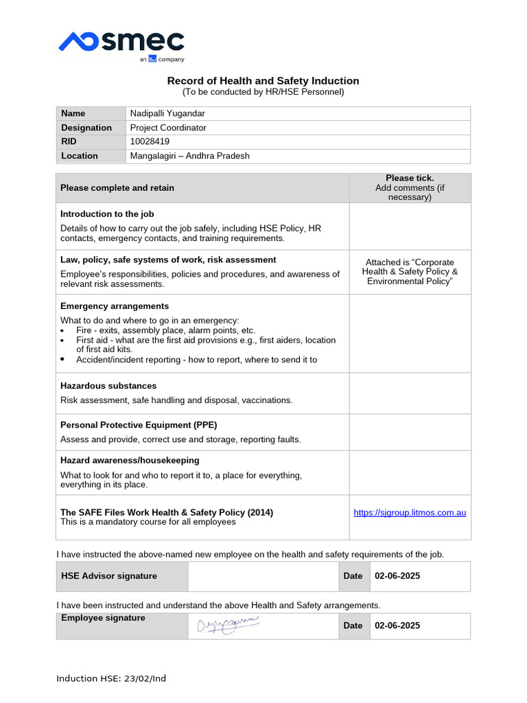 Health and Safety Induction Record | PDF | Occupational Safety And ...