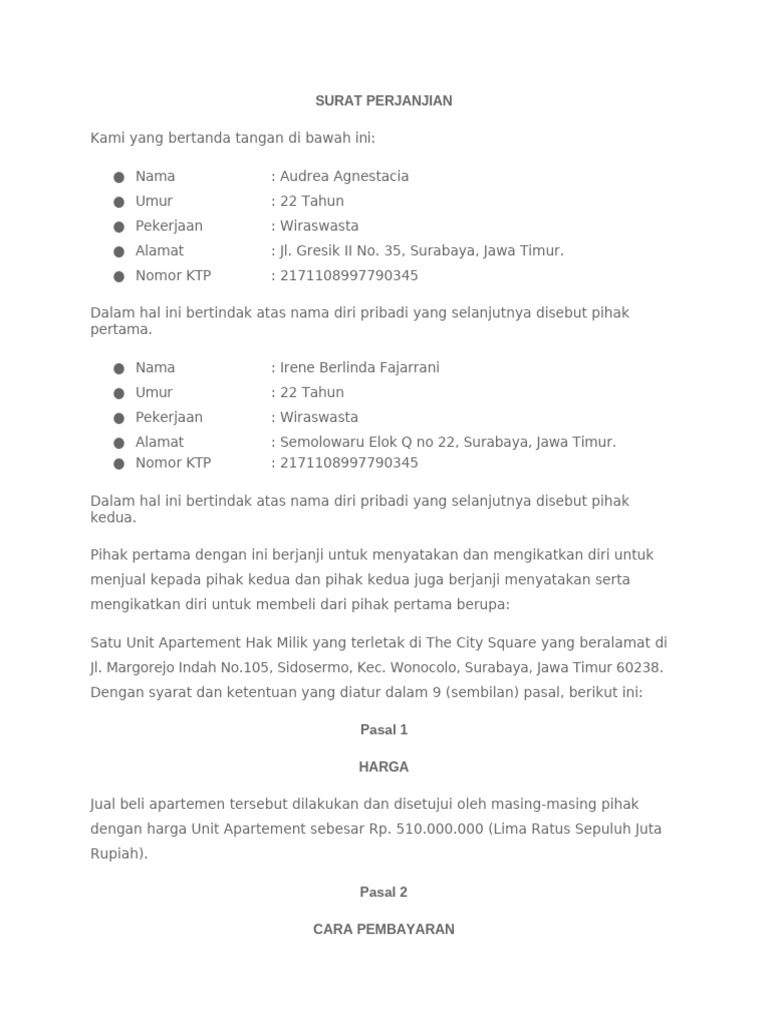 Surat Perjanjian Jual Beli Apartemen | PDF