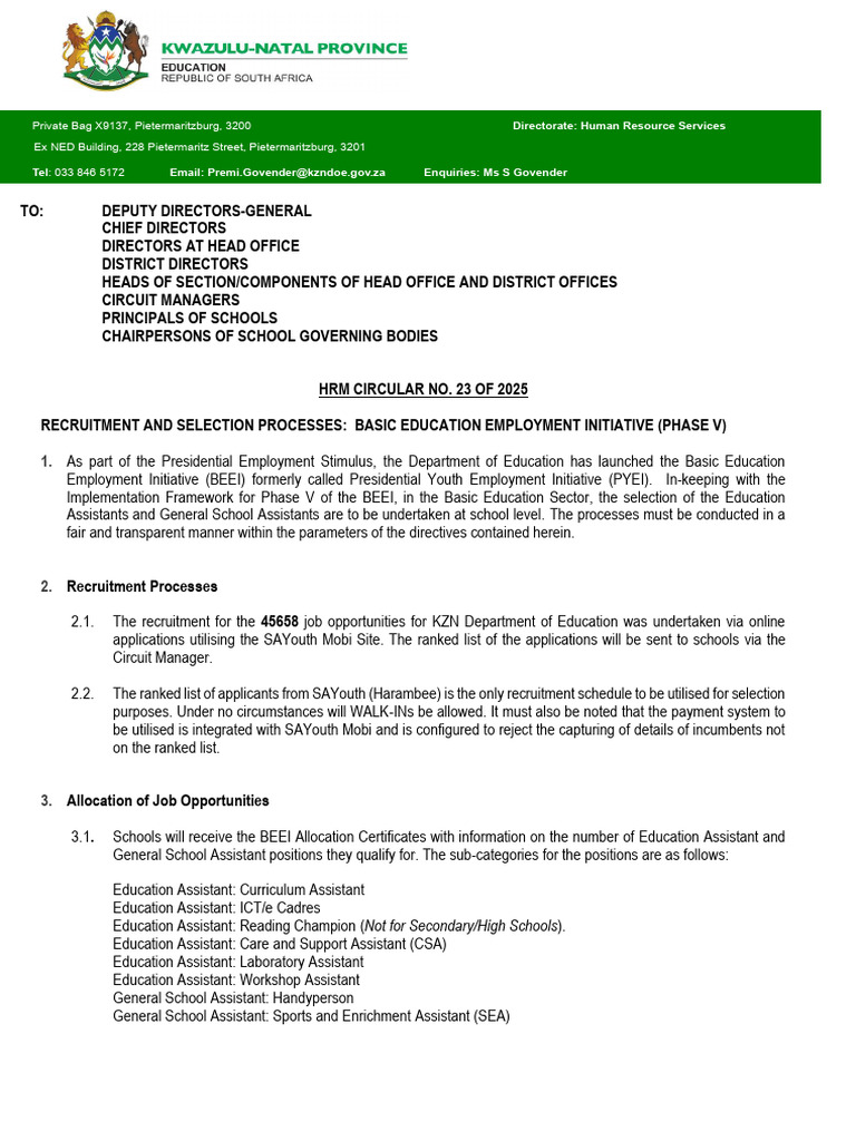 BEEI Recruitment Guidelines for KZN 2025 | PDF | Verification And ...