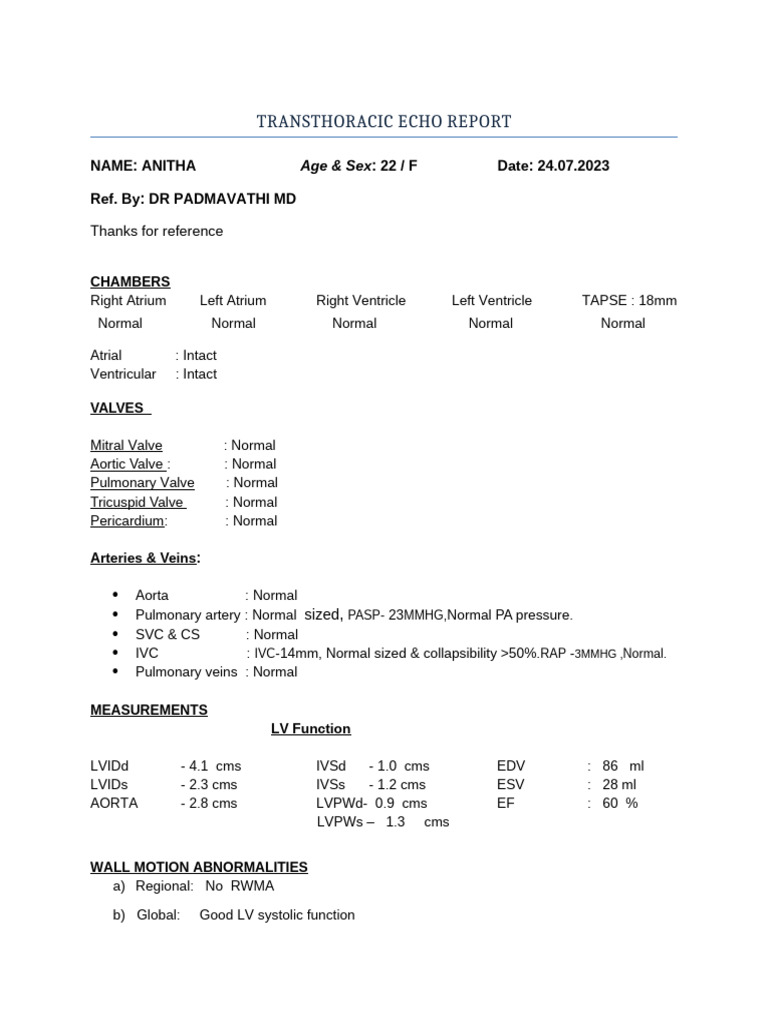 Normal Transthoracic Echo Report | PDF