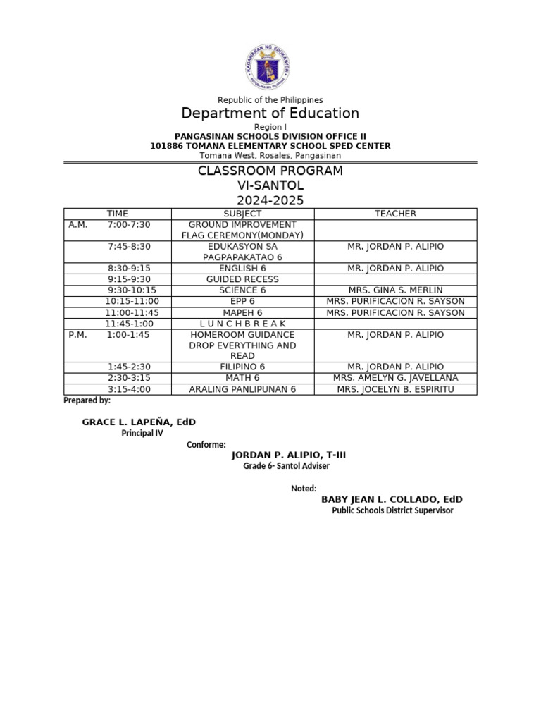 Tomana Elementary School Class Schedule | PDF