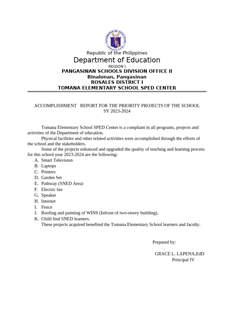 Tomana Elementary SPED Center Accomplishments | PDF